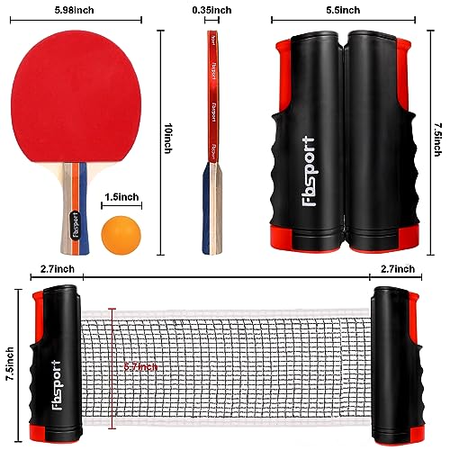 Ping Pong Paddle Set with 4 Rackets, 8 Balls & Retractable Net - Black/Red