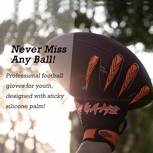 SECHAND Youth Large Football Gloves - Non-Slip Breathable Receiver Gloves, Orange & Black, School & Training