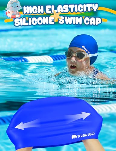 Kids Swim Cap Set - Silicone Swim Caps for Long & Short Hair - Black & Blue