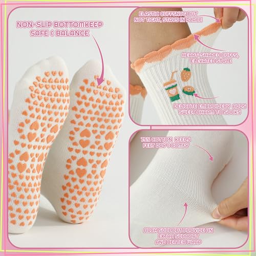 Cute Pilates Grip Socks for Women - Ruffle Crew Yoga Socks - Yellow & Pink