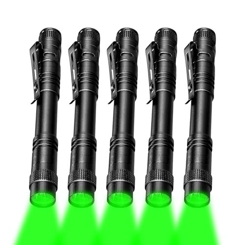 Green Light Pen Light Flashlight, Single Mode Green Light LED Pocket Torch for Camping, Hunting, Night Observation, 5-Pack