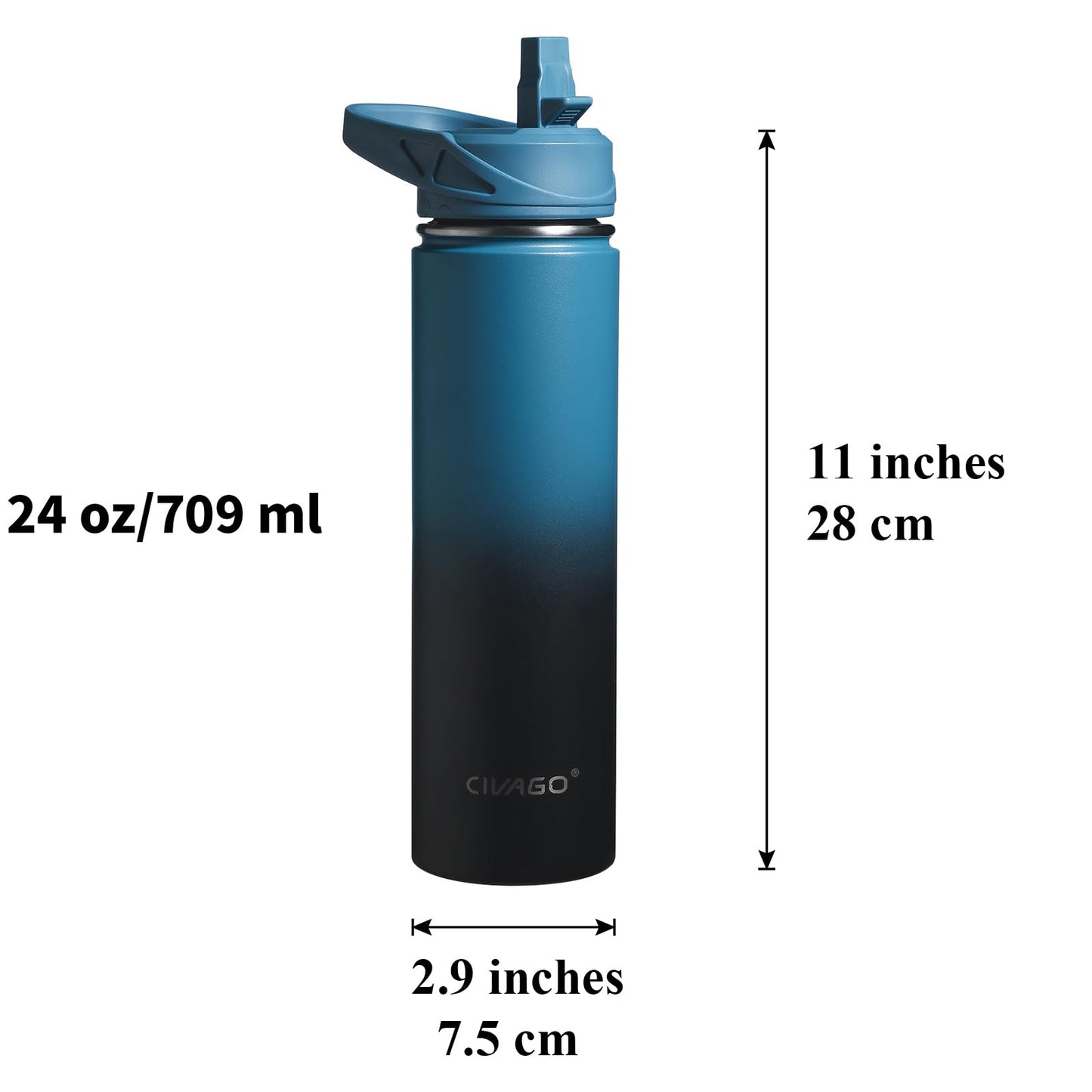 CIVAGO 24 oz Insulated Water Bottle With Straw, Stainless Steel Sports Water Flask Cup with 3 Lids (Straw, Spout and Handle Lid), Double Walled Travel Thermal Canteen Mug, Army Green