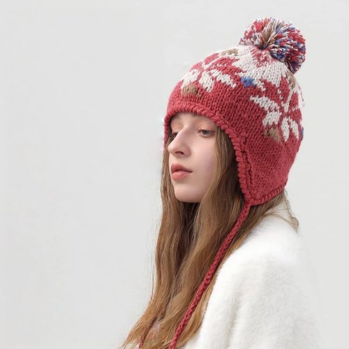 AOMEXAGA Women Cute Beanie Hat with Pom Warm Ski Snow Ear Flaps Snowflake Fair Isle Pattern Crochet Hats with Fleece Lined (One Size,Red)