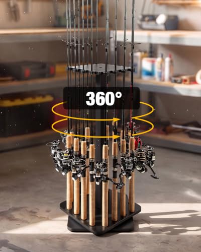 Ghosthorn Black Rotating Fishing Rod Holder for Garage Storage, 360° Spin, Holds 16 Rods