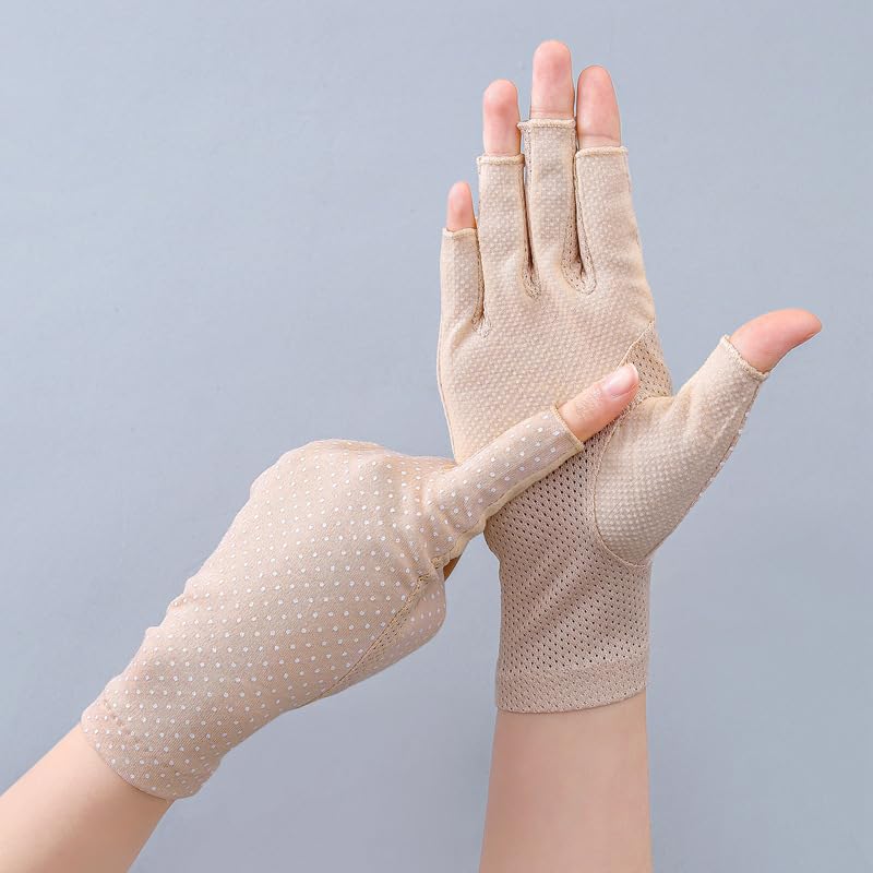 UV Protection Half-Finger Driving Gloves - Beige, One Size