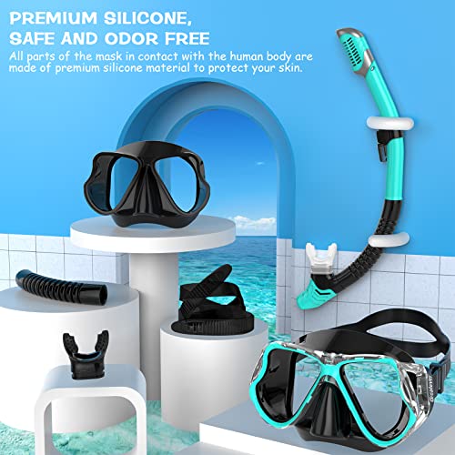 Greatever Snorkeling Mask Set for Adults & Kids, Anti-Fog Dry Snorkel, Black Green, Large