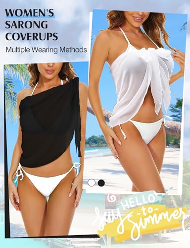 2PCS Chiffon Sarong Swimsuit Cover Up for Women - Black & White, Large