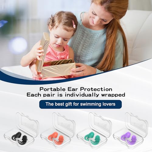 Swimming Ear Plugs for Kids & Adults - 4 Pairs, Black+Green+Purple+Pink