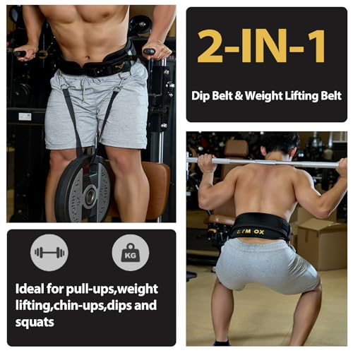 GYM OX 2-in-1 Weightlifting & Dip Belt Black S (24-27.5") with Quick-Release Buckle