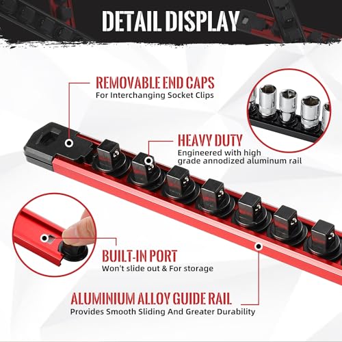 Magnetic Socket Organizer, 3-Piece Heavty Duty Aluminum Socket Holder, Socket Rail for Tool Box, Premium Quality 360¡Æ Swivel Socket Rack Kit with 40 Clips for 1/2, 3/8, 1/4-Inch(Red)