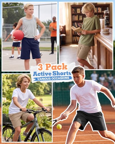 Boys Athletic Shorts - 3 Pack with Pockets for Active Play