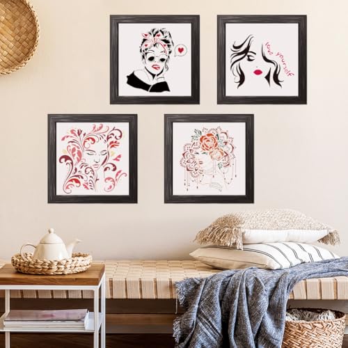 FINGERINSPIRE 9 Pcs Lady Stencils with a Brush 9 Styles Woman Face Pattern Painting Stencil Mandala Beauty Template Reusable PET Character Theme Template for Wood Wall Floor Tiles Furniture