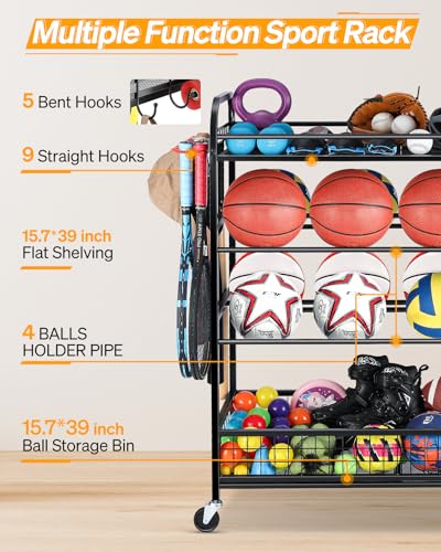 4-Layer Sports Equipment Organizer with Wheels - Ball Storage Rack