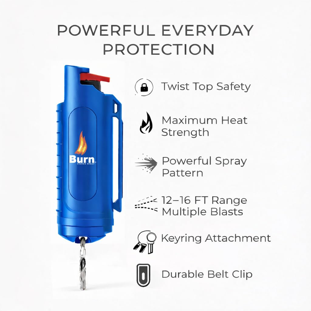 Burn Pepper Spray Keychain for Self Defense, 1/2oz Compact OC Spray for Women & Men, Police Grade with UV Dye, 16 Ft Range, Twist Top Safety Lock, Belt Clip, Pocket Personal Safety, Blue