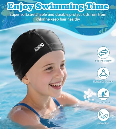 Kids Swim Caps - Soft Fabric Hat for Long Hair - Black, Medium