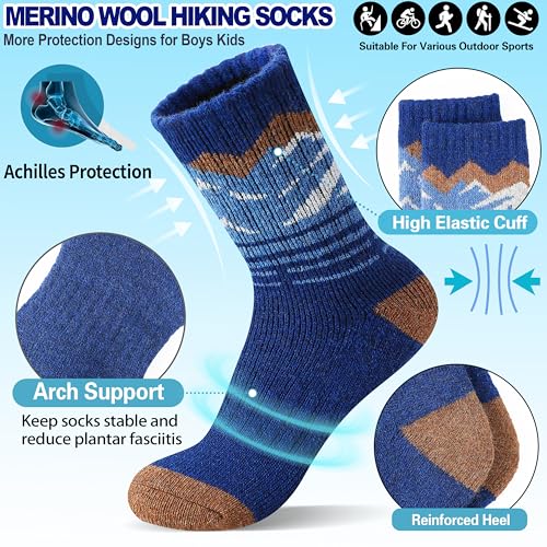 Kids Boys Merino Wool Thermal Hiking Socks 8-12 Years, Mountain Series, 6 Pairs