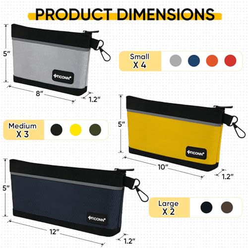 TICONN Tool Pouches with Zipper, 1680D Oxford Small Tool Bags, Waterproof Utility Bag Zipper Pouch for Tool Organizers and Storage (9 Pack Combo)