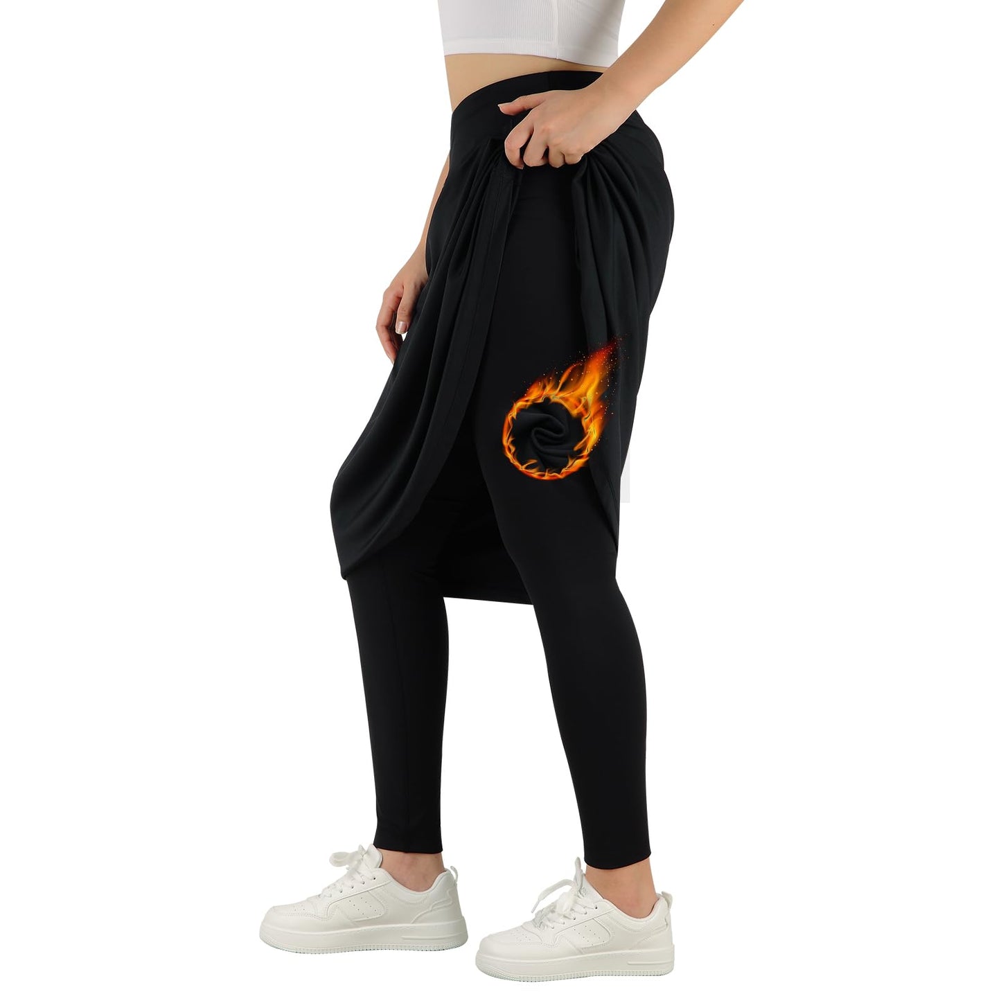 ANIVIVO Women's Knee Length Fleece Lined Leggings with Skirt, Winter Warm Skirted Leggings for Women Zipper Pockets (Black,M-huan)