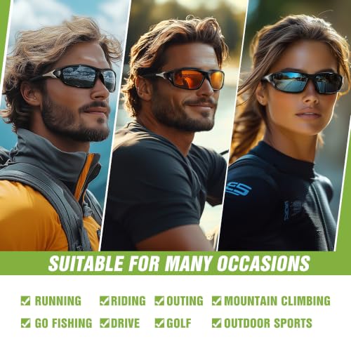 Polarized Sports Wrap-Around Sunglasses - UV Protection, 3 Pack - Grey, Dark Blue, Red