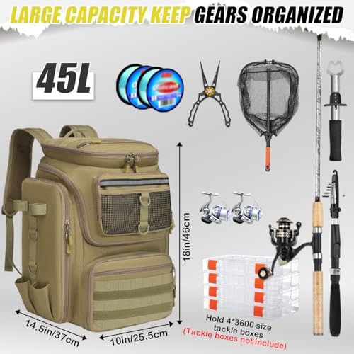 HAMBOLY 45L Fishing Backpack with Rod Holders & Foldable Divider - Brown
