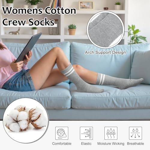 Striped Crew Socks for Women - 6 Pairs in Light Grey, Black & White