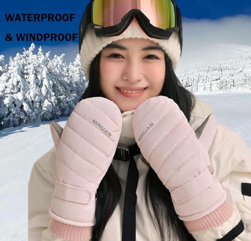 Women's Waterproof Winter Ski Mittens - Touchscreen Snow Gloves - Pink