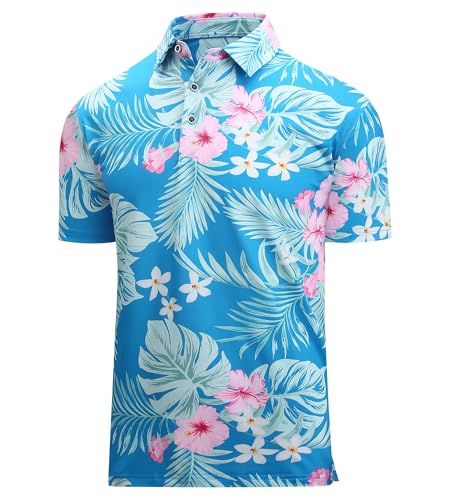 Alex Vando Mens Hawaiian Golf Polo shirt Moisture Wicking Hibiscus Palm X-Large