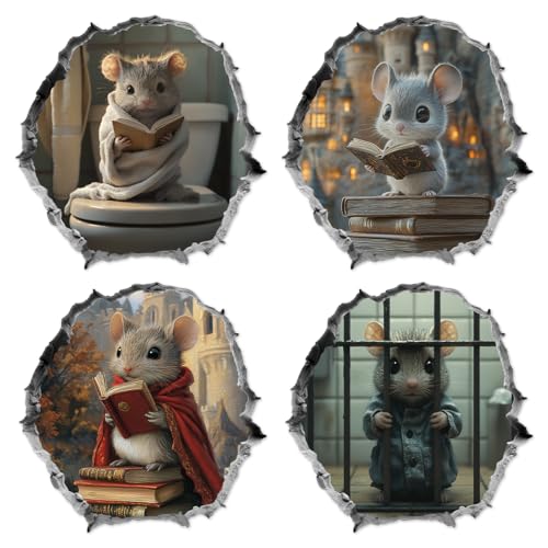 Pack 4 Pcs 3D Mouse Hole Wall Sticker for Girls Boys Toddler Kids Room Bedroom Classroom Car Window Funny Cute Stickers Waterproof Removable Reusable Vinyl Decals Home Accessories