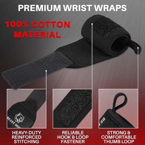 Elastic Cotton Weightlifting Wrist Wraps with Thumb Loops - Black, 18"