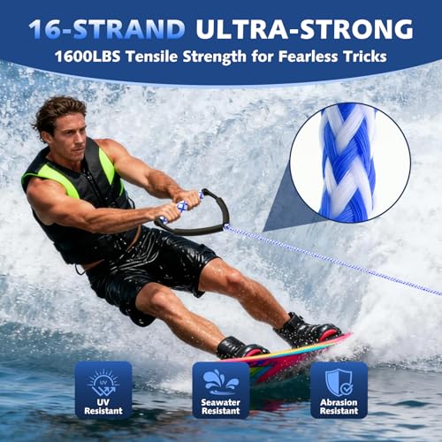 75FT Water Ski Tow Rope with Handle - Blue & White