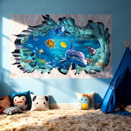 3D Under The Sea Wall Decals, Removable Ocean Theme Peel and Stick Wall Art with Dolphin Turtle Seaweed for Broken Wall Effect, Waterproof DIY Decor for Boys Bedroom, Kids Room, Bathroom, Living Room