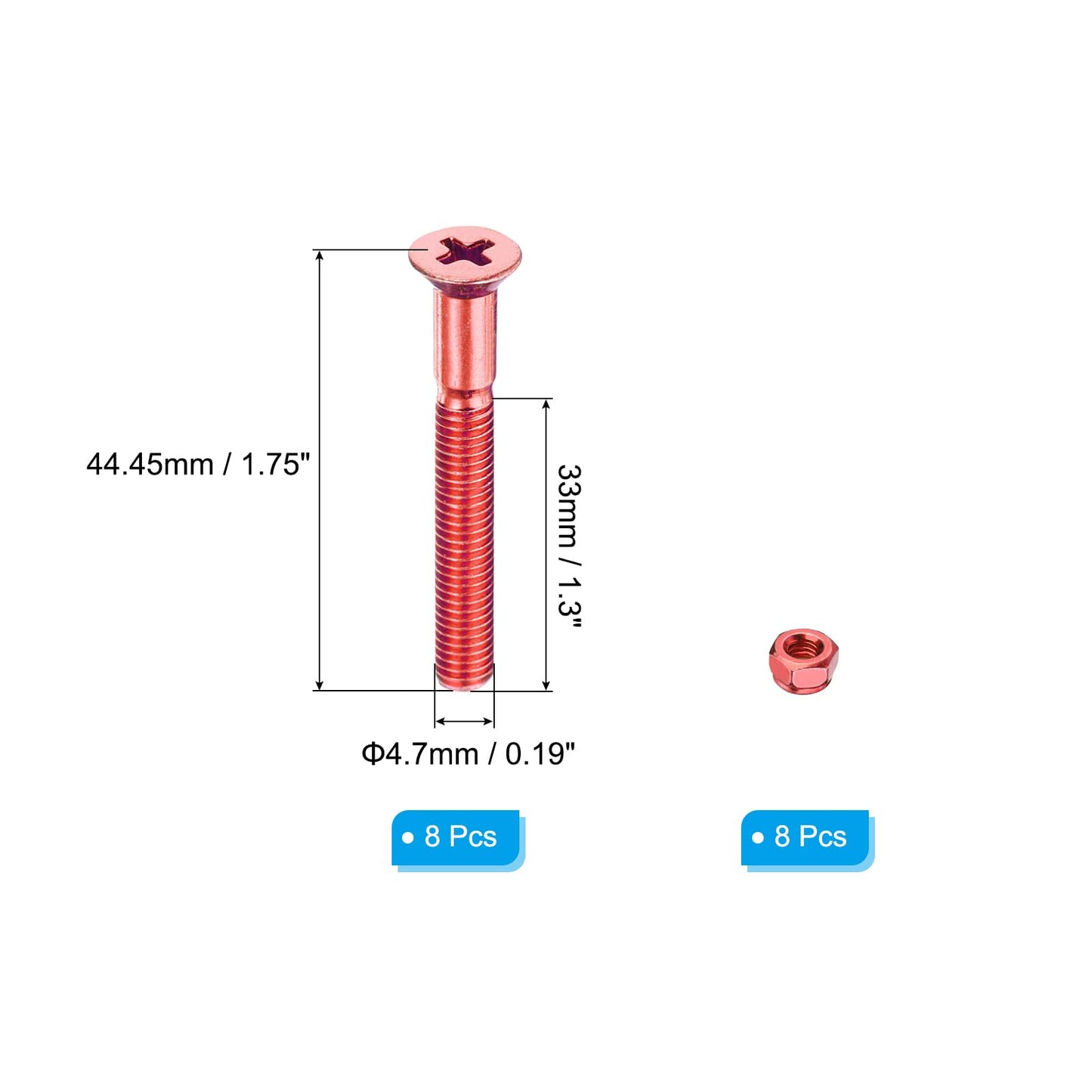PATIKIL Skateboard Mounting Hardware 1.75", 8pcs Carbon Steel Skateboard Screws Bolts&Nuts Flat Head for Cruiser, Red