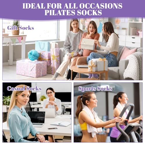 Anti-Slip Pilates Socks with Grips - Ruffle Yoga Crew Socks - Black White Gray Purple