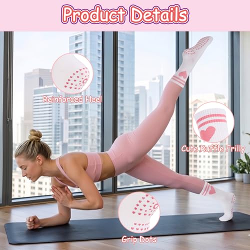 Non-Slip Pilates Yoga Socks for Women - Embroidered Lace Cuff - Black, White, Gray
