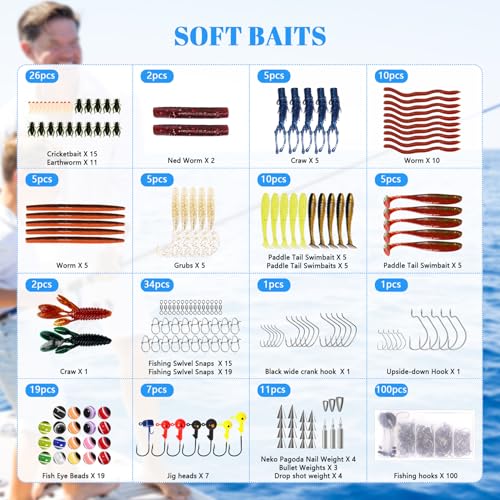 FONMANG 322-Piece Bass Fishing Kit with Tackle Box - Soft Baits, Hooks, Weights
