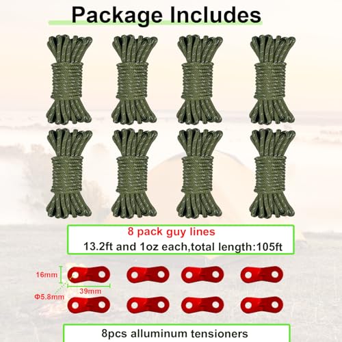 104ft Ultralight Tent Guy Lines with Tensioners - 8 Packs, Olive Green