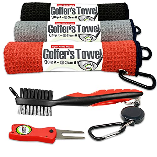 Fireball Golf Towel Gifts Set - Red, 3 Microfiber Towels & Accessories for Men, Women, Kids