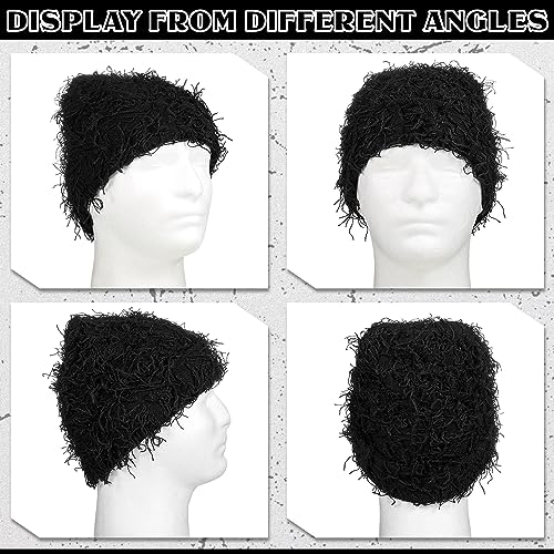 Distressed Knitted Beanie - Thick Warm Fuzzy Winter Hat - Black