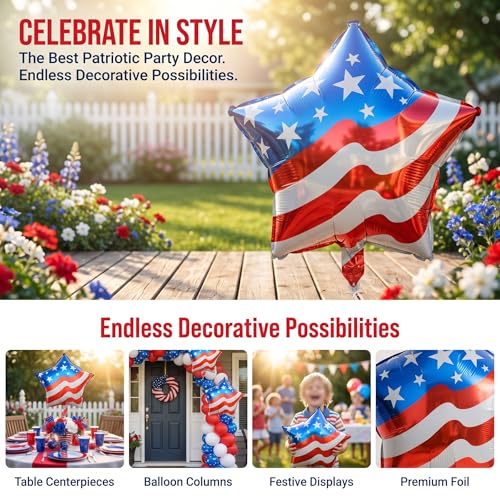Patriotic American Flag Balloons - 10 Pack Star-Shape Mylar