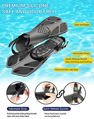 4-in-1 Snorkeling Gear Set for Adults - Mask, Snorkel & Fins - Black ML/XL