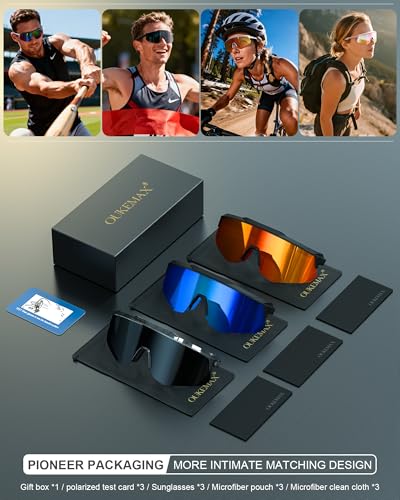 Polarized Sports Sunglasses - UV400 One-Piece Lens, 3 Pack - Transparent Black-Blue-Red