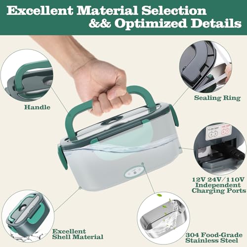 Green Electric Heated Lunch Box 100W Fast Heating 1.5L Food-Grade Stainless Steel Portable Food Warmer for Car Office