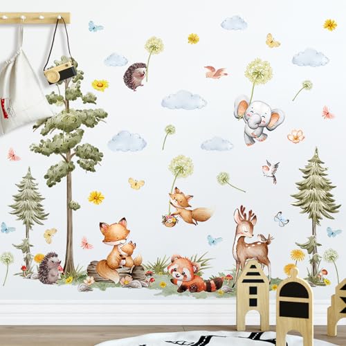 Woodland Animals Large Tree Wall Stickers Bear Fox Elephant Wall Decals Pine Tree Forest Stickers for Baby Nursery Kids Bedroom Living Room Wall Decorations