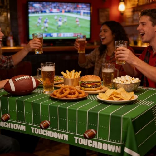 Football Party Tablecloth and Banner Set - 54 x 108 Inch - Green & Brown