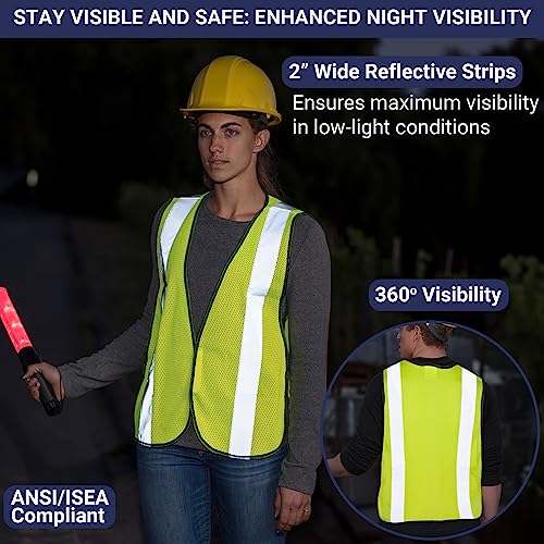 Safety Vest with High Visibility - 2 Inch Reflective Strips, Bright Neon Yellow, Breathable Polyester Mesh Fabric, ANSI ISEA Class Unrated, Hi Viz All Day and Night (10 Pack - XL-XXXL)
