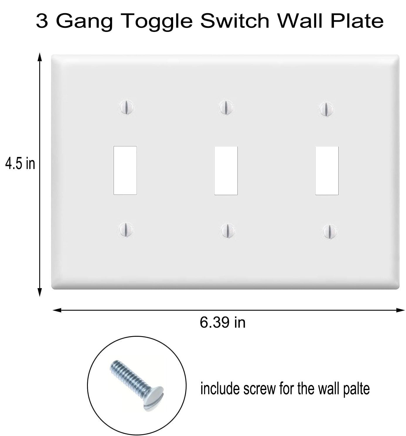 Toggle Light Switch Wall Plates 3-Gang Switch Electrical Cover Plate Unbreakable Thermoplastic Faceplate, White (6 Pack)