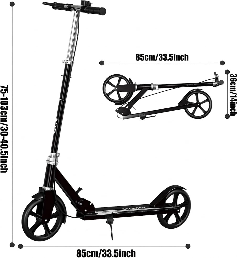 Non-Electric Scooters for Kids 8-12, Teens & Adults - Foldable Commuter Scooter with 8" Wheels, Bell, Hand Brake & Adjustable Height 30"-40.5", 220LB Capacity, Manual Push Scooter for Campus & Park