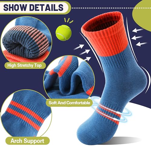 Kids Athletic Cotton Crew Socks for Girls & Boys, Age 9-15, Colorful Striped