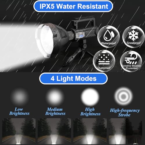 Rechargeable Spotlight Outdoor Handheld Flashlight 2,000,000L, Super Bright Led High Lumens Spot Light with Adjustable Tripod, 4 Modes Battery Powered with USB C, Waterproof for Boat, Camping