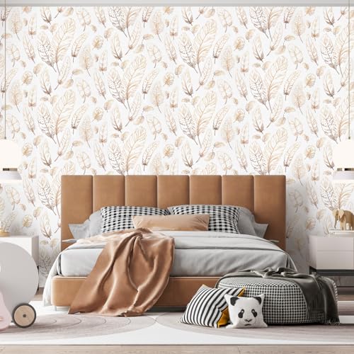 Feather Peel and Stick Wallpaper 17.3"¡¿120" Gold White Contact Paper Modern Feather Wallpaper Self-Adhesive Vinyl Wall Paper Waterproof Contact Papers Shelf Drawer Liner Roll for Bedroom Living Room
